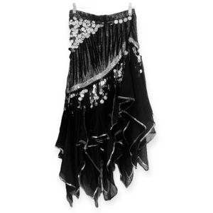 Assymetric Full Flounce Plisse Dance Midi Skirt Chiffon Faux Coins Gothic (M)